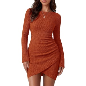 image:imageBTFBM Womens Long Sleeve Bodycon Mini Dress  LightweightRuchedRibbedHomecoming Cocktail DressesFall Winter Clothing 2026Brick Red