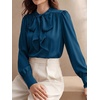 image:imageBTFBM Women Satin Blouses Bow Tie Work Business Casual Tops  Ruched Button Cuff Long Sleeve Top Dressy Silk Blouse Elegant Daily Professional Office Clothes Early Fall Fashion 2026Blue Green