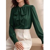 image:imageBTFBM Women Satin Blouses Bow Tie Work Business Casual Tops  Ruched Button Cuff Long Sleeve Top Dressy Silk Blouse Elegant Daily Professional Office Clothes Early Fall Fashion 2026Green