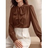 image:imageBTFBM Women Satin Blouses Bow Tie Work Business Casual Tops  Ruched Button Cuff Long Sleeve Top Dressy Silk Blouse Elegant Daily Professional Office Clothes Early Fall Fashion 2026Brown