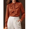 image:imageBTFBM Women Satin Blouses Bow Tie Work Business Casual Tops  Ruched Button Cuff Long Sleeve Top Dressy Silk Blouse Elegant Daily Professional Office Clothes Early Fall Fashion 2026Orange