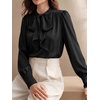 image:imageBTFBM Women Satin Blouses Bow Tie Work Business Casual Tops  Ruched Button Cuff Long Sleeve Top Dressy Silk Blouse Elegant Daily Professional Office Clothes Early Fall Fashion 2026Black
