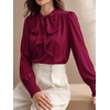 image:imageBTFBM Women Satin Blouses Bow Tie Work Business Casual Tops  Ruched Button Cuff Long Sleeve Top Dressy Silk Blouse Elegant Daily Professional Office Clothes Early Fall Fashion 2026Red