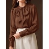 image:imageBTFBM Women Satin Blouses Bow Tie Work Business Casual Tops  Ruched Button Cuff Long Sleeve Top Dressy Silk Blouse Elegant Daily Professional Office Clothes Early Fall Fashion 2026Brown
