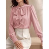 image:imageBTFBM Women Satin Blouses Bow Tie Work Business Casual Tops  Ruched Button Cuff Long Sleeve Top Dressy Silk Blouse Elegant Daily Professional Office Clothes Early Fall Fashion 2026Pink
