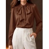 image:imageBTFBM Women Satin Blouses Bow Tie Work Business Casual Tops  Ruched Button Cuff Long Sleeve Top Dressy Silk Blouse Elegant Daily Professional Office Clothes Early Fall Fashion 2026Brown