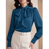 image:imageBTFBM Women Satin Blouses Bow Tie Work Business Casual Tops  Ruched Button Cuff Long Sleeve Top Dressy Silk Blouse Elegant Daily Professional Office Clothes Early Fall Fashion 2026Blue Green
