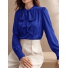 image:imageBTFBM Women Satin Blouses Bow Tie Work Business Casual Tops  Ruched Button Cuff Long Sleeve Top Dressy Silk Blouse Elegant Daily Professional Office Clothes Early Fall Fashion 2026Blue