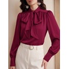 image:imageBTFBM Women Satin Blouses Bow Tie Work Business Casual Tops  Ruched Button Cuff Long Sleeve Top Dressy Silk Blouse Elegant Daily Professional Office Clothes Early Fall Fashion 2026Red