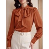 image:imageBTFBM Women Satin Blouses Bow Tie Work Business Casual Tops  Ruched Button Cuff Long Sleeve Top Dressy Silk Blouse Elegant Daily Professional Office Clothes Early Fall Fashion 2026Orange