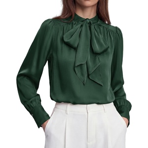 image:imageBTFBM Women Satin Blouses Bow Tie Work Business Casual Tops  Ruched Button Cuff Long Sleeve Top Dressy Silk Blouse Elegant Daily Professional Office Clothes Early Fall Fashion 2026Green