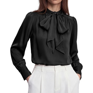 image:imageBTFBM Women Satin Blouses Bow Tie Work Business Casual Tops  Ruched Button Cuff Long Sleeve Top Dressy Silk Blouse Elegant Daily Professional Office Clothes Early Fall Fashion 2026Black