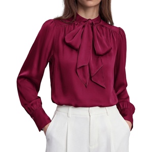 image:imageBTFBM Women Satin Blouses Bow Tie Work Business Casual Tops  Ruched Button Cuff Long Sleeve Top Dressy Silk Blouse Elegant Daily Professional Office Clothes Early Fall Fashion 2026Red