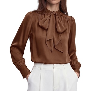 image:imageBTFBM Women Satin Blouses Bow Tie Work Business Casual Tops  Ruched Button Cuff Long Sleeve Top Dressy Silk Blouse Elegant Daily Professional Office Clothes Early Fall Fashion 2026Brown