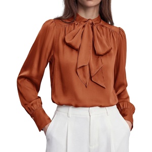 image:imageBTFBM Women Satin Blouses Bow Tie Work Business Casual Tops  Ruched Button Cuff Long Sleeve Top Dressy Silk Blouse Elegant Daily Professional Office Clothes Early Fall Fashion 2026Orange