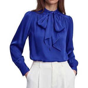 image:imageBTFBM Women Satin Blouses Bow Tie Work Business Casual Tops  Ruched Button Cuff Long Sleeve Top Dressy Silk Blouse Elegant Daily Professional Office Clothes Early Fall Fashion 2026Blue
