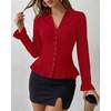image:imageBTFBM Fitted Button Down Shirts for Women Dressy Casual Tops  Collar V Neck Long Sleeve Ruched Tops Stretchy Ruffle Blouses Fall Fashion Clothing 2026 Work Date Night Going Out OutfitsRed