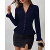 image:imageBTFBM Fitted Button Down Shirts for Women Dressy Casual Tops  Collar V Neck Long Sleeve Ruched Tops Stretchy Ruffle Blouses Fall Fashion Clothing 2026 Work Date Night Going Out OutfitsNavy Blue