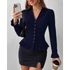 image:imageBTFBM Fitted Button Down Shirts for Women Dressy Casual Tops  Collar V Neck Long Sleeve Ruched Tops Stretchy Ruffle Blouses Fall Fashion Clothing 2026 Work Date Night Going Out OutfitsNavy Blue