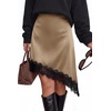 image:imageBTFBM Satin Mini Skirts for Women 2026 Lace Fall Skirt  Asymmetrical Lace Trim Hem High Waist Patchwork Skirt Dressy Casual Short Silk Skirts Date Night Cocktail Wedding GuestCoffee
