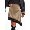 image:imageBTFBM Satin Mini Skirts for Women 2026 Lace Fall Skirt  Asymmetrical Lace Trim Hem High Waist Patchwork Skirt Dressy Casual Short Silk Skirts Date Night Cocktail Wedding GuestCoffee