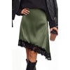image:imageBTFBM Satin Mini Skirts for Women 2026 Lace Fall Skirt  Asymmetrical Lace Trim Hem High Waist Patchwork Skirt Dressy Casual Short Silk Skirts Date Night Cocktail Wedding GuestArmy Green