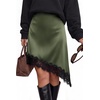 image:imageBTFBM Satin Mini Skirts for Women 2026 Lace Fall Skirt  Asymmetrical Lace Trim Hem High Waist Patchwork Skirt Dressy Casual Short Silk Skirts Date Night Cocktail Wedding GuestArmy Green
