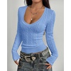 image:imageBTFBM Womens Sweaters Cable Knit V Neck Long Sleeve Tops  Lightweight Ribbed Fitted PulloverY2K Going Out TopBasic Tunic Daily Wear Fall 2026Dressy Work Business Casual OutfitsLight Blue