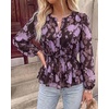 image:imageBTFBM Womens Tops Dressy Casual Floral V Neck Long Sleeve Chiffon Shirts  Chiffon Lantern Sleeve Flowy Peplum Sheer TopElastic Waist Babydoll BlousesBoho Vacation Outfits2026 Fall Fashion ClothingFloral Brown