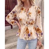 image:imageBTFBM Womens Tops Dressy Casual Floral V Neck Long Sleeve Chiffon Shirts  Chiffon Lantern Sleeve Flowy Peplum Sheer TopElastic Waist Babydoll BlousesBoho Vacation Outfits2026 Fall Fashion ClothingFloral Beige Orange