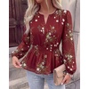 image:imageBTFBM Womens Tops Dressy Casual Floral V Neck Long Sleeve Chiffon Shirts  Chiffon Lantern Sleeve Flowy Peplum Sheer TopElastic Waist Babydoll BlousesBoho Vacation Outfits2026 Fall Fashion ClothingFloral Burgundy