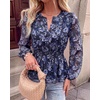 image:imageBTFBM Womens Tops Dressy Casual Floral V Neck Long Sleeve Chiffon Shirts  Chiffon Lantern Sleeve Flowy Peplum Sheer TopElastic Waist Babydoll BlousesBoho Vacation Outfits2026 Fall Fashion ClothingFloral Blue