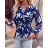 image:imageBTFBM Womens Tops Dressy Casual Floral V Neck Long Sleeve Chiffon Shirts  Chiffon Lantern Sleeve Flowy Peplum Sheer TopElastic Waist Babydoll BlousesBoho Vacation Outfits2026 Fall Fashion ClothingFloral Dark Blue White