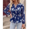 image:imageBTFBM Womens Tops Dressy Casual Floral V Neck Long Sleeve Chiffon Shirts  Chiffon Lantern Sleeve Flowy Peplum Sheer TopElastic Waist Babydoll BlousesBoho Vacation Outfits2026 Fall Fashion ClothingFloral Dark Blue White