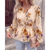 image:imageBTFBM Womens Tops Dressy Casual Floral V Neck Long Sleeve Chiffon Shirts  Chiffon Lantern Sleeve Flowy Peplum Sheer TopElastic Waist Babydoll BlousesBoho Vacation Outfits2026 Fall Fashion ClothingFloral Beige Orange