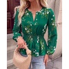 image:imageBTFBM Womens Tops Dressy Casual Floral V Neck Long Sleeve Chiffon Shirts  Chiffon Lantern Sleeve Flowy Peplum Sheer TopElastic Waist Babydoll BlousesBoho Vacation Outfits2026 Fall Fashion ClothingFloral Green