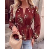 image:imageBTFBM Womens Tops Dressy Casual Floral V Neck Long Sleeve Chiffon Shirts  Chiffon Lantern Sleeve Flowy Peplum Sheer TopElastic Waist Babydoll BlousesBoho Vacation Outfits2026 Fall Fashion ClothingFloral Burgundy