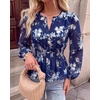 image:imageBTFBM Womens Tops Dressy Casual Floral V Neck Long Sleeve Chiffon Shirts  Chiffon Lantern Sleeve Flowy Peplum Sheer TopElastic Waist Babydoll BlousesBoho Vacation Outfits2026 Fall Fashion ClothingFloral Dark Blue White