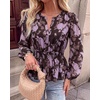 image:imageBTFBM Womens Tops Dressy Casual Floral V Neck Long Sleeve Chiffon Shirts  Chiffon Lantern Sleeve Flowy Peplum Sheer TopElastic Waist Babydoll BlousesBoho Vacation Outfits2026 Fall Fashion ClothingFloral Brown