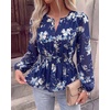 image:imageBTFBM Womens Tops Dressy Casual Floral V Neck Long Sleeve Chiffon Shirts  Chiffon Lantern Sleeve Flowy Peplum Sheer TopElastic Waist Babydoll BlousesBoho Vacation Outfits2026 Fall Fashion ClothingFloral Dark Blue White