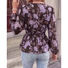 image:imageBTFBM Womens Tops Dressy Casual Floral V Neck Long Sleeve Chiffon Shirts  Chiffon Lantern Sleeve Flowy Peplum Sheer TopElastic Waist Babydoll BlousesBoho Vacation Outfits2026 Fall Fashion ClothingFloral Brown