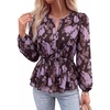 image:imageBTFBM Womens Tops Dressy Casual Floral V Neck Long Sleeve Chiffon Shirts  Chiffon Lantern Sleeve Flowy Peplum Sheer TopElastic Waist Babydoll BlousesBoho Vacation Outfits2026 Fall Fashion ClothingFloral Brown