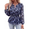 image:imageBTFBM Womens Tops Dressy Casual Floral V Neck Long Sleeve Chiffon Shirts  Chiffon Lantern Sleeve Flowy Peplum Sheer TopElastic Waist Babydoll BlousesBoho Vacation Outfits2026 Fall Fashion ClothingFloral Blue