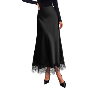 image:imageBTFBM Lace Trim Satin Skirts for Women Elegant  Lightweight High Waist ALine Flowy Maxi Skirt Wedding Cocktail Graduation Holiday Outfits Fall Fashion Clothing 2026Black
