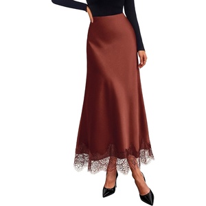 image:imageBTFBM Lace Trim Satin Skirts for Women Elegant  Lightweight High Waist ALine Flowy Maxi Skirt Wedding Cocktail Graduation Holiday Outfits Fall Fashion Clothing 2026Brown