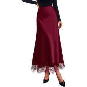image:imageBTFBM Lace Trim Satin Skirts for Women Elegant  Lightweight High Waist ALine Flowy Maxi Skirt Wedding Cocktail Graduation Holiday Outfits Fall Fashion Clothing 2026Burgundy