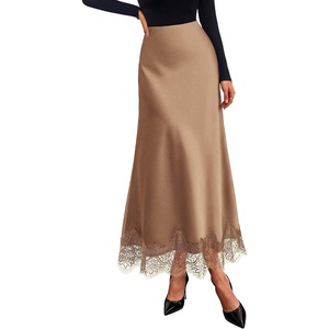 image:imageBTFBM Lace Trim Satin Skirts for Women Elegant  Lightweight High Waist ALine Flowy Maxi Skirt Wedding Cocktail Graduation Holiday Outfits Fall Fashion Clothing 2026Coffee