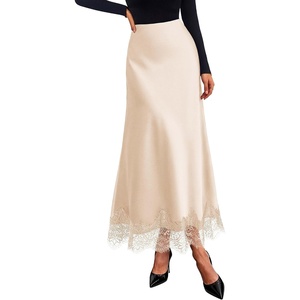 image:imageBTFBM Lace Trim Satin Skirts for Women Elegant  Lightweight High Waist ALine Flowy Maxi Skirt Wedding Cocktail Graduation Holiday Outfits Fall Fashion Clothing 2026Beige