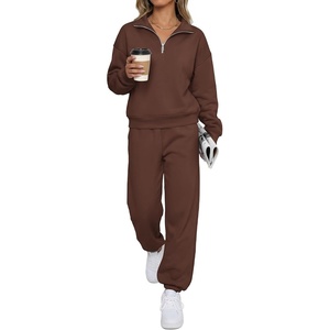 image:imageBTFBM Womens 2 Piece Outfits Sweatsuit Fleece Lounge Sets  Quarter Zip Pullover SweatshirtBaggy Jogger Sweatpants2026 Fall Fashion ClothingAirport Travel Matching Sweat SetBrown