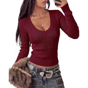 image:imageBTFBM Womens Sweaters Cable Knit V Neck Long Sleeve Tops  Lightweight Ribbed Fitted PulloverY2K Going Out TopBasic Tunic Daily Wear Fall 2026Dressy Work Business Casual OutfitsBurgundy